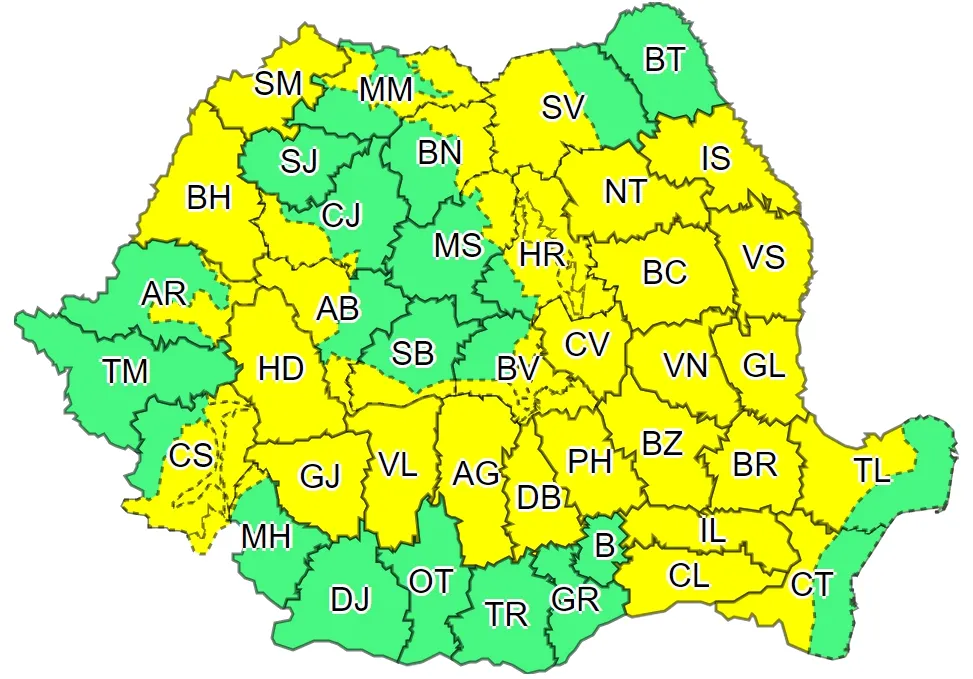 COD GALBEN de ploi torențiale în 33 de județe, Harghita menționat în atenționarea meteo